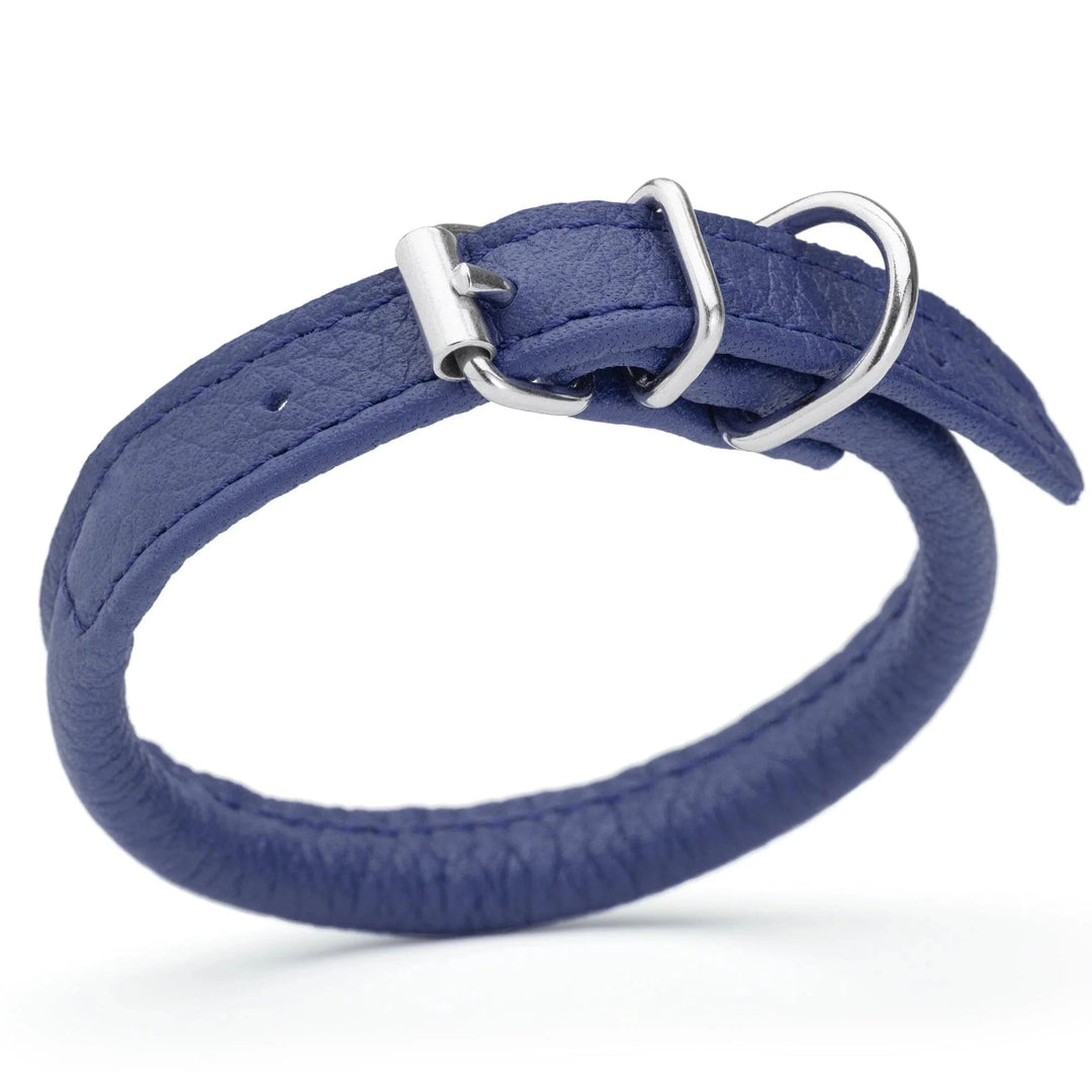 Round Leather dog collar  Royal Blue