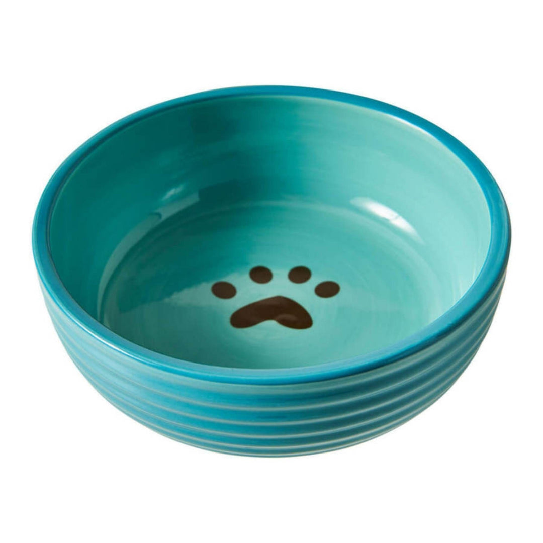 ceramic dog bowl with center inside black paw design - Aqua