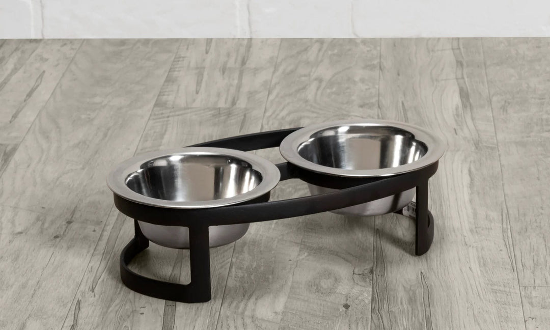 small dog black double bowl dining station