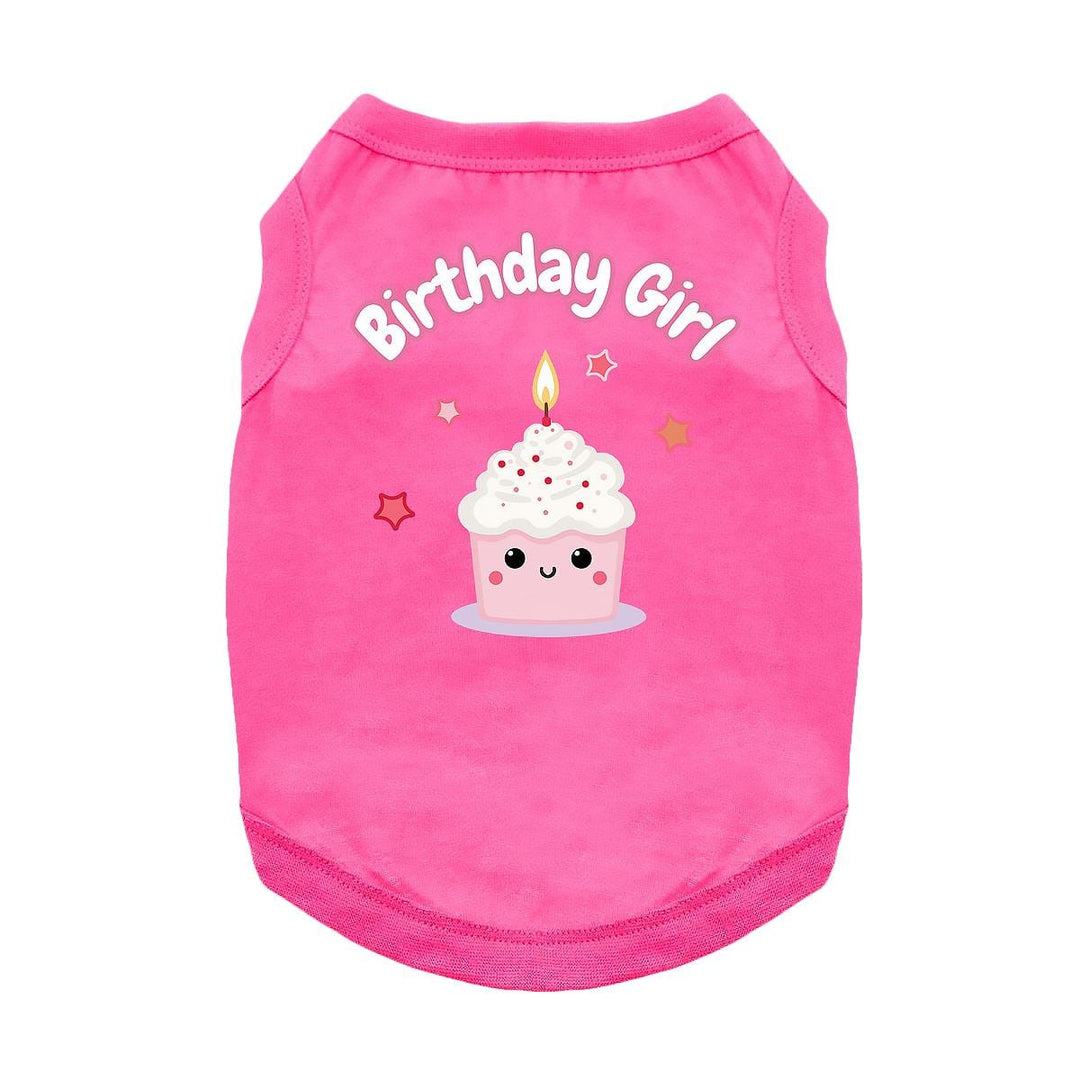 pink sleeveless dog birthday shirt for girl dogs. cupecake and candle design