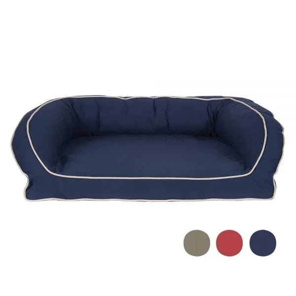 blue bolster bed with accent piping
