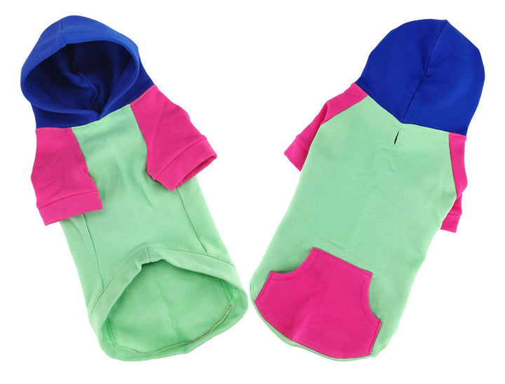 color patch dog hoodie blue hood pink sleeves green body