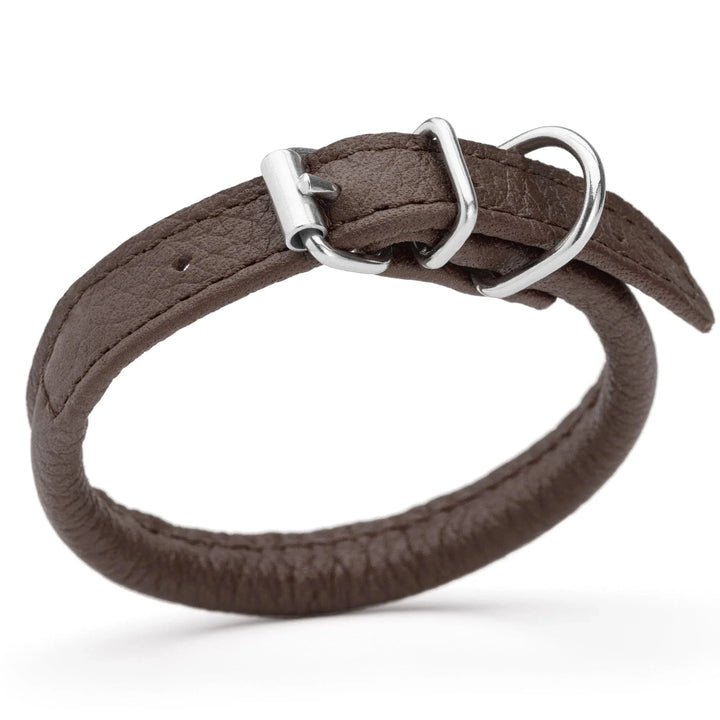 dark brown rounded leather dog colar padded for comfort