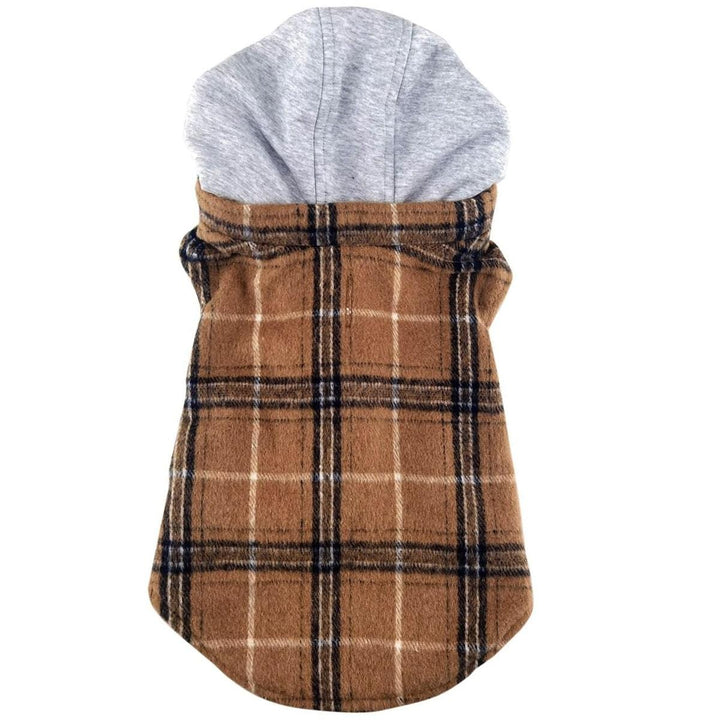 brown and black dog hoodie w gray hood