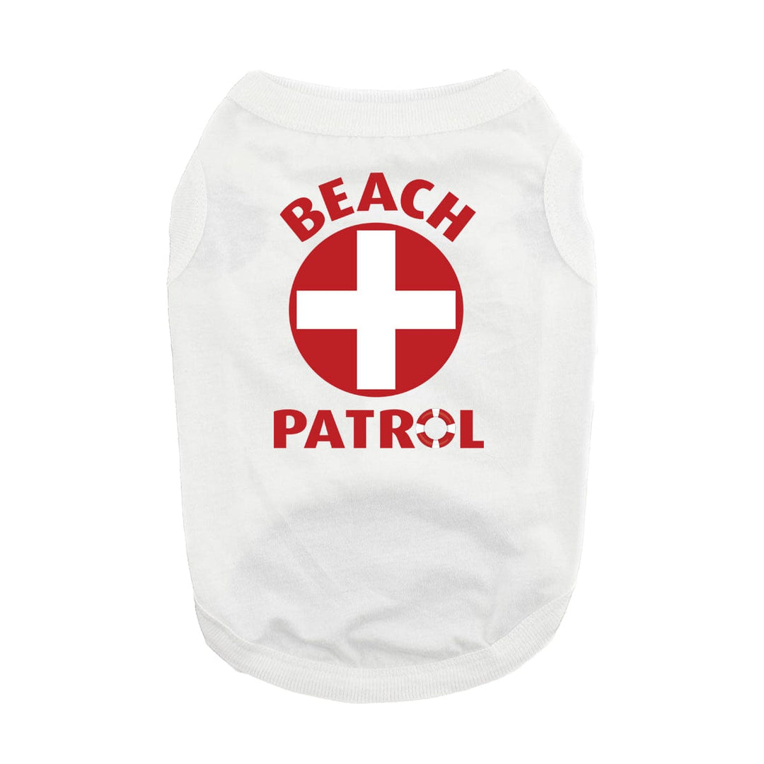 white dog shirt with beach patrol graphic