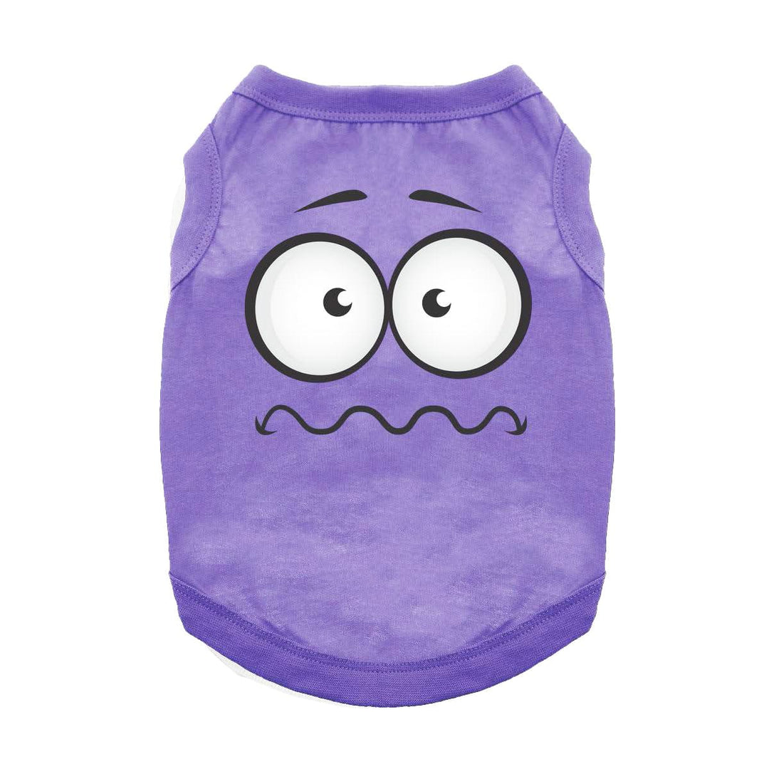 violet colr dog shirt with nervous face