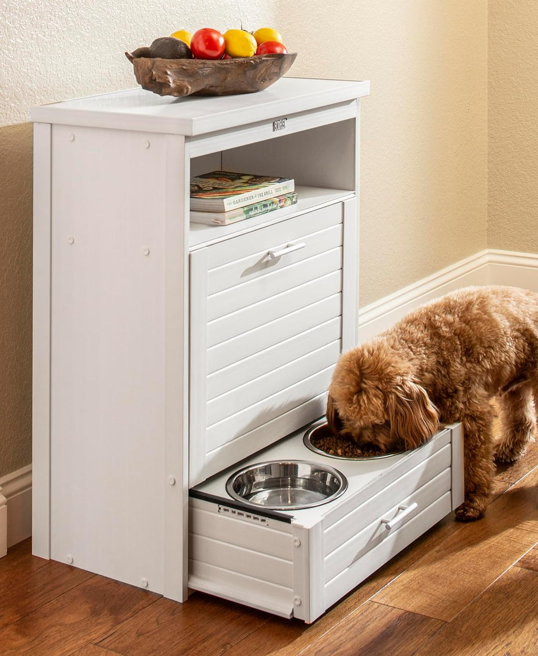 dog food storage with feeding bowls in drawer