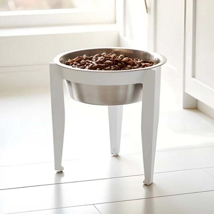 white steelraised dog dish with stainless steel bowl and rubber padded feet
