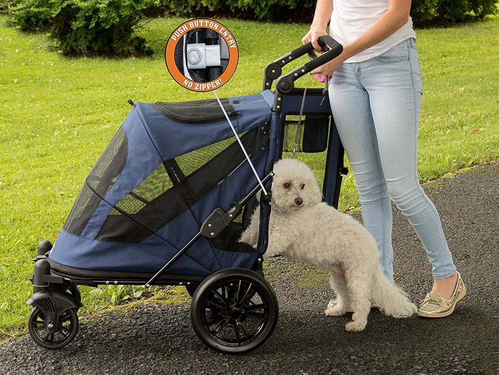 stroller dog leash Pet Gear NO-Zip Pet Stroller with Dual Entry, Push Button Zipperless Entry for Single or Multiple Dogs/Cats, Pet Can Easily Walk in/Out, Gel-Filled