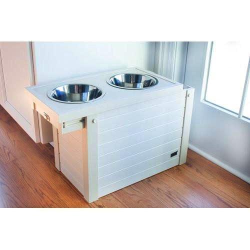 White wood dog feeder with storage