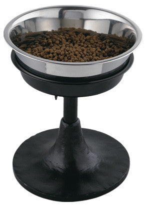 dog bowl stand with heavy weight black wrought iron base and stainless steel bowlIron