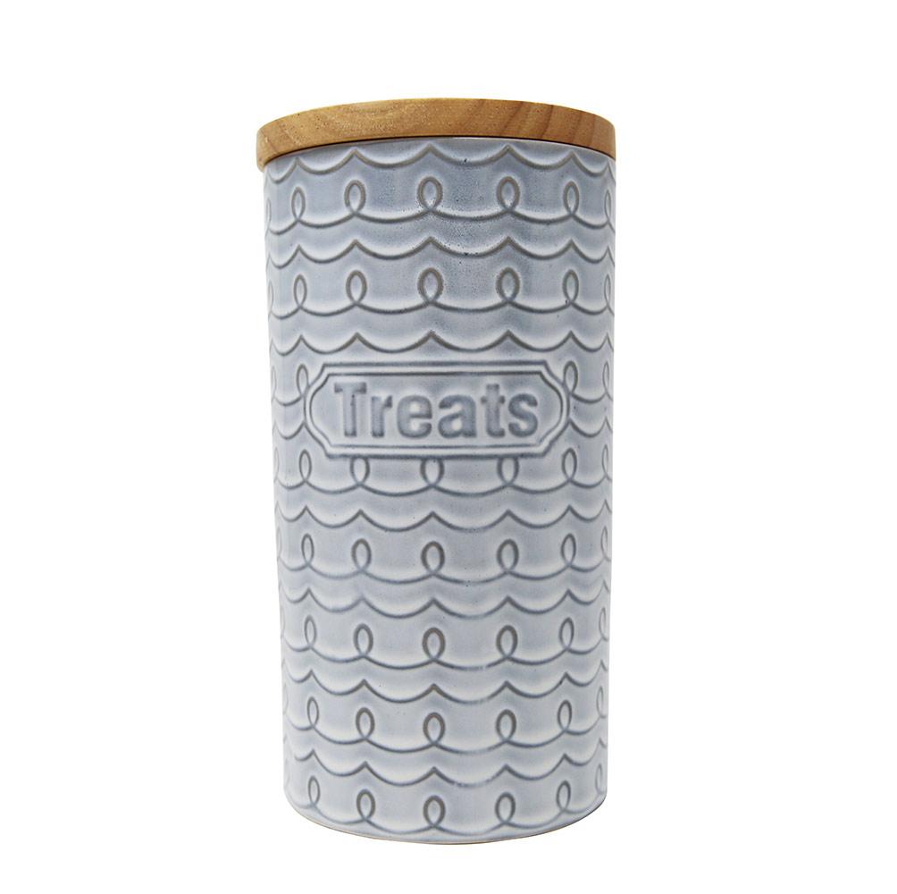 embossed ceramic treat jar with wood lid