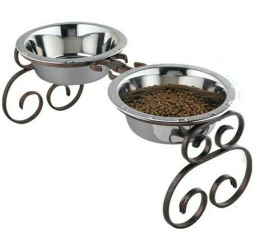 silver scroll dog diner silver-with 2 bowls 10 inch tall qtdog