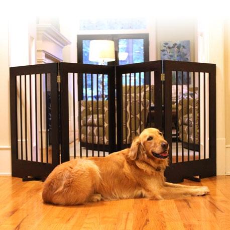 Walnut finish 4 panel freestanding pet barrier