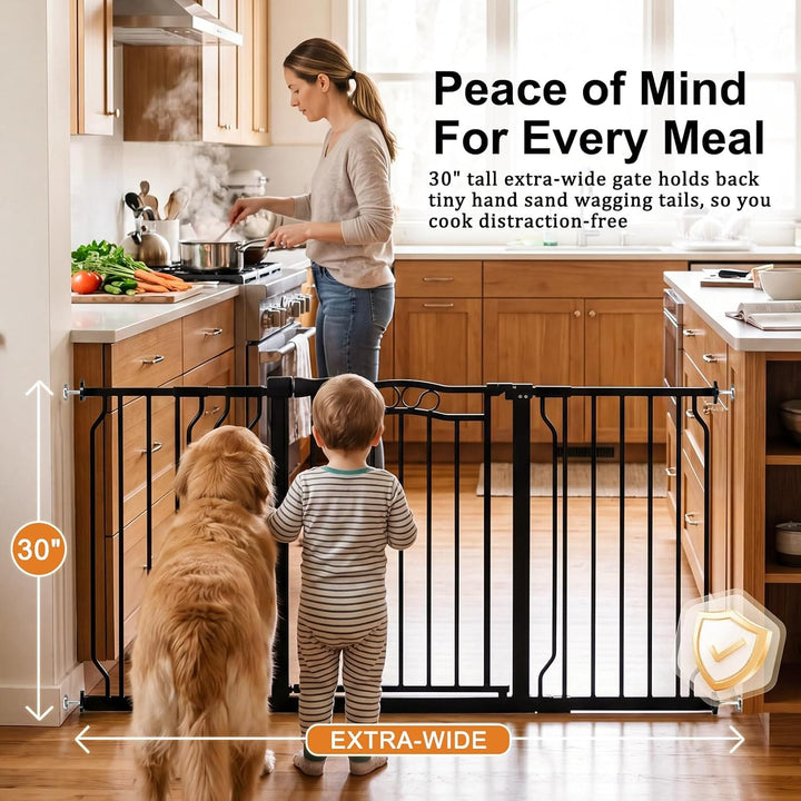  black metal kitchen gate installed across a doorway  gate is 30" tall and extra-wide, coversto 81 inch wide ewith a 30" height marker and  extra-wide to coverto 80 inches in width