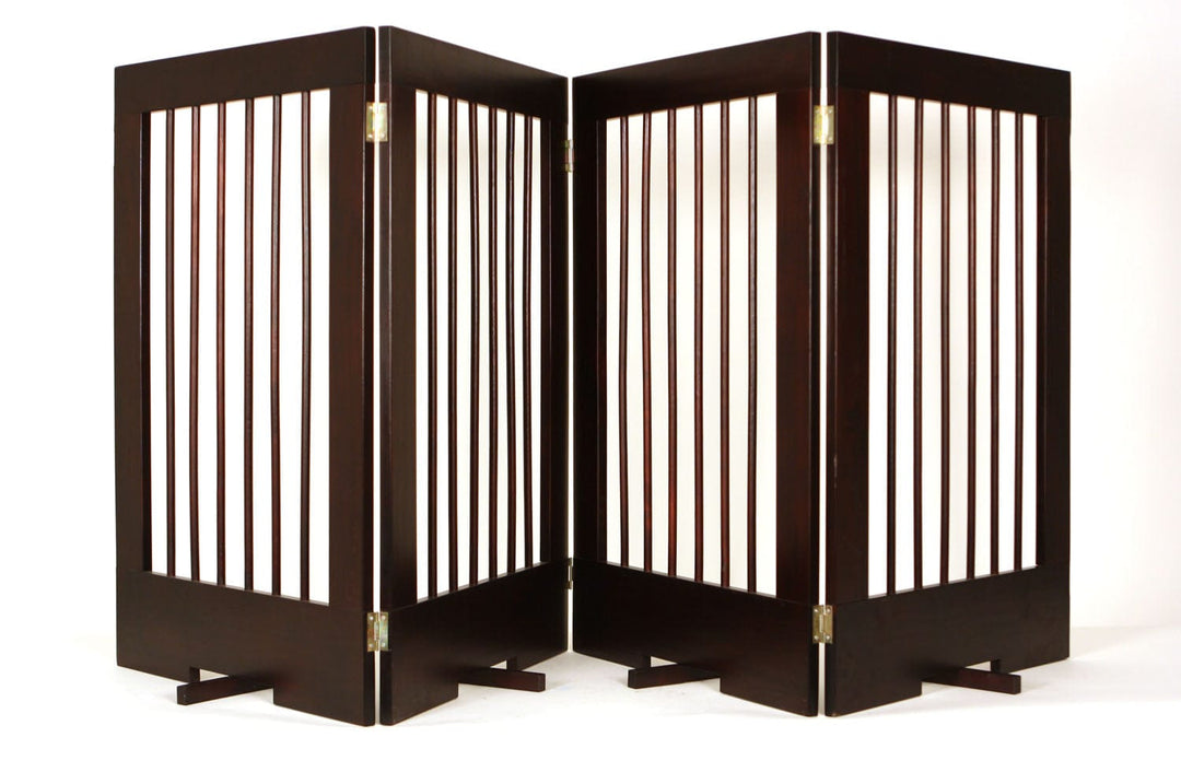 walnut finish freestanding pet gate with stability legs