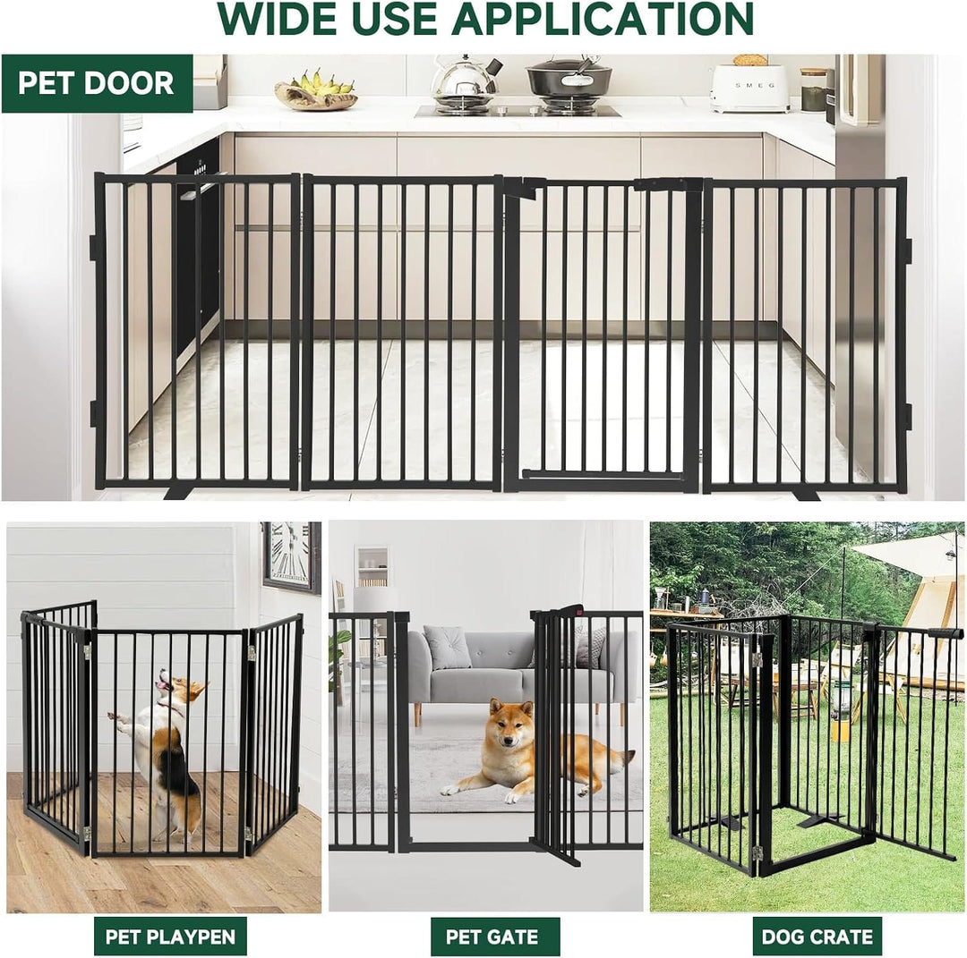 freestanding dog gate with door and feet -black