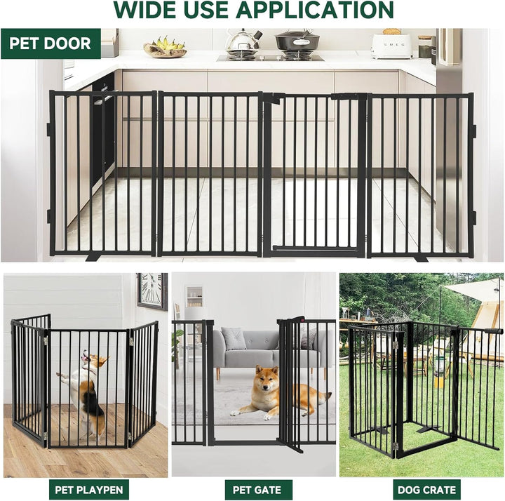 freestanding dog gate with door and feet -black