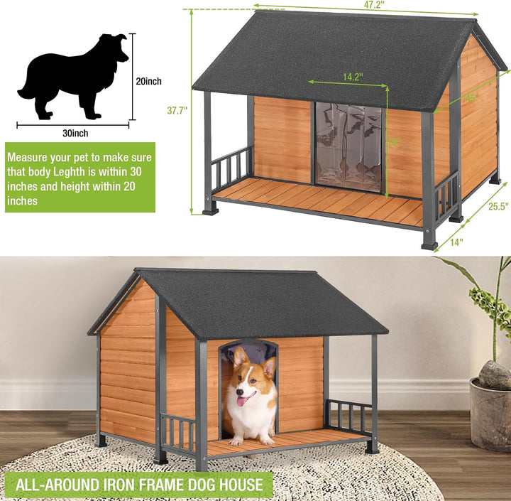 iron frame dog house with covered porch and vynil water flap doorway