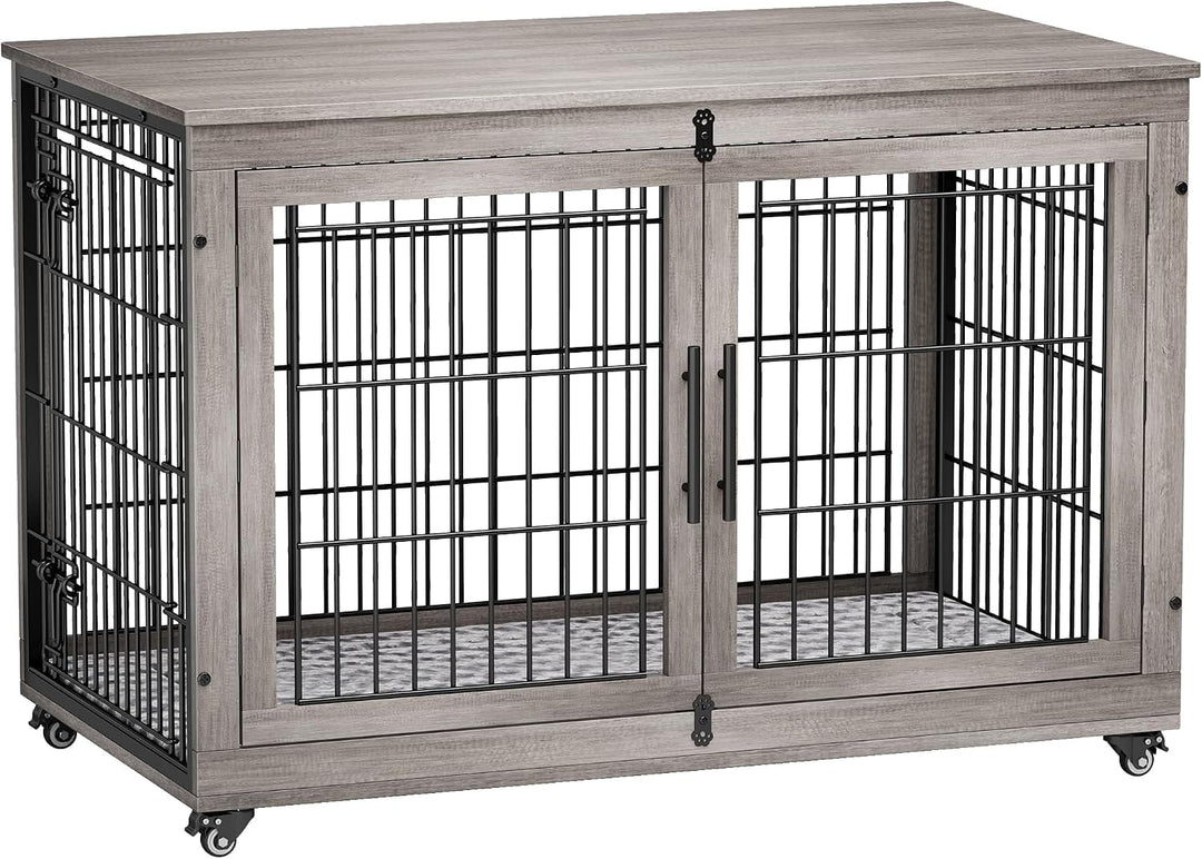 weathered gray wood-pet crate with rotating bone door stopper and caster wheels.