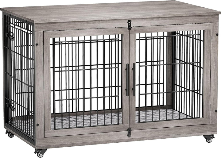 weathered gray wood-pet crate with rotating bone door stopper and caster wheels.