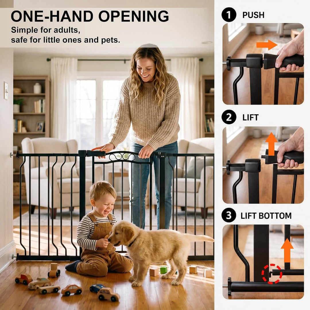 81 inch wide indoor dog gate with wroughtiron like decorative accent -black