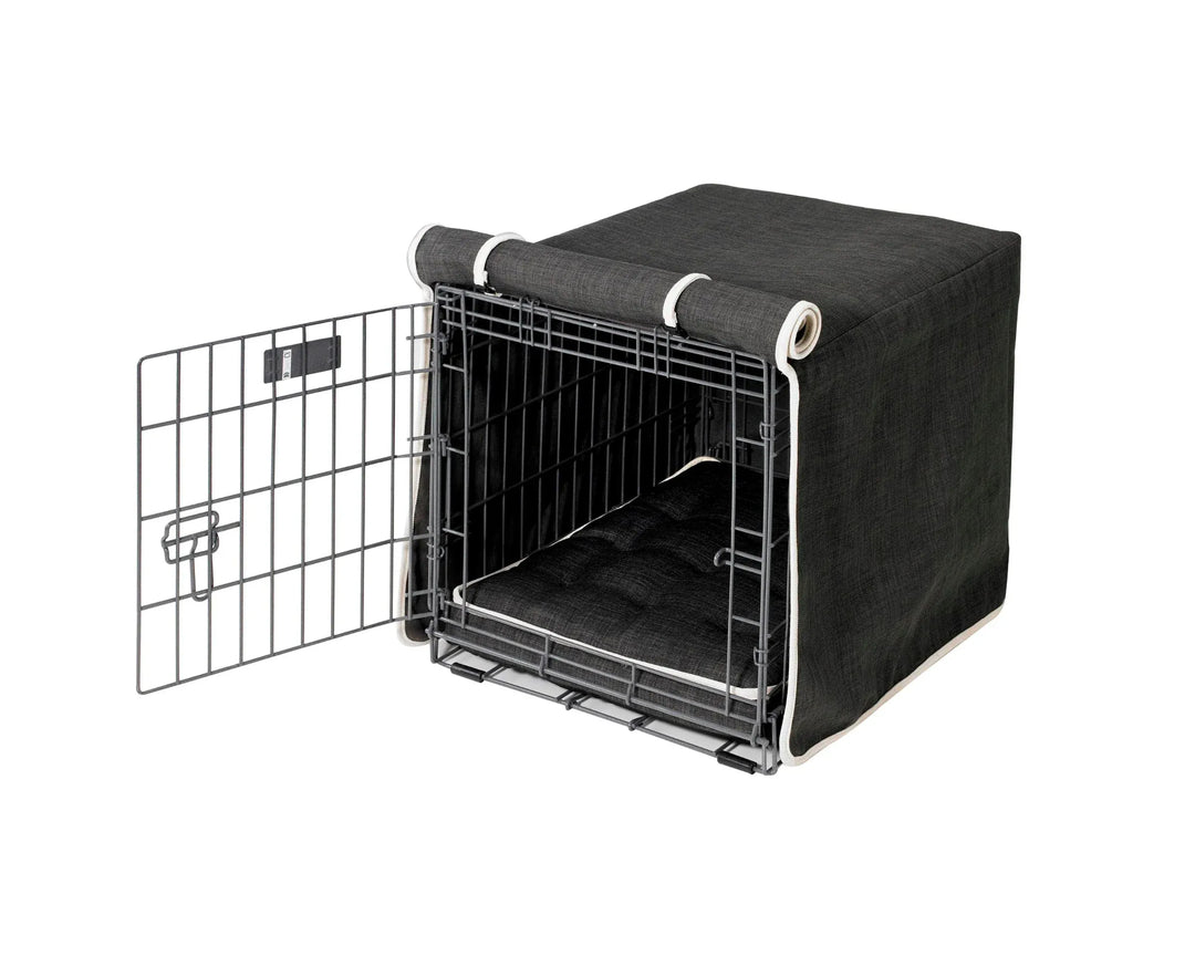 storm(blacK)Dog crate  cover on a standard wire crate