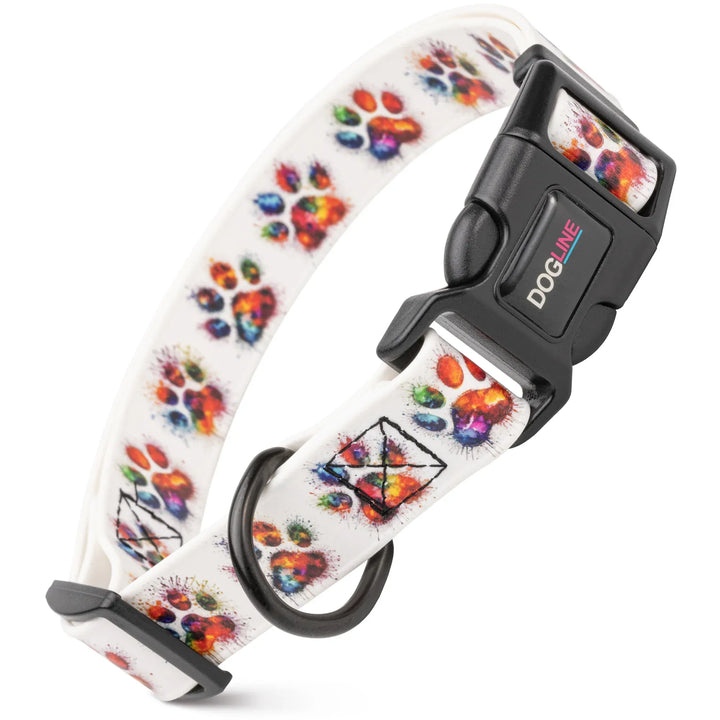flexible dog collar -colorfull paws on a white background