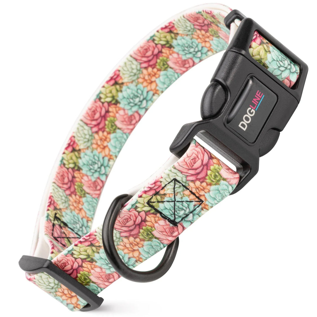 Floral patterned dog collar with a black buckle on a white background