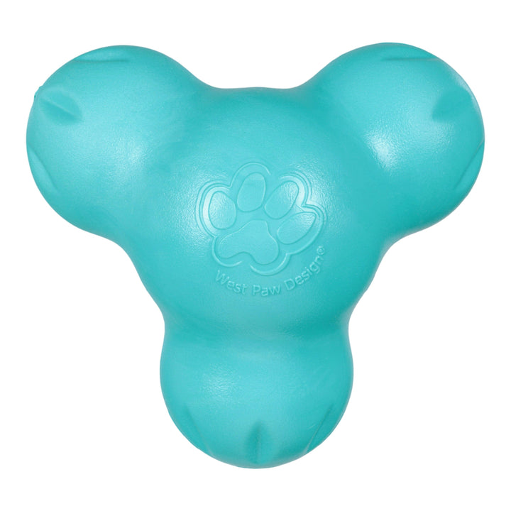 Turquoise dog toy with a paw print logo
