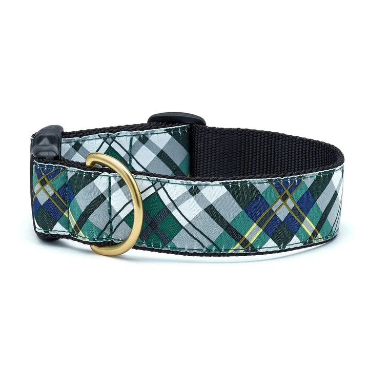 green and grey plaid wide large dog collar with brass hardware