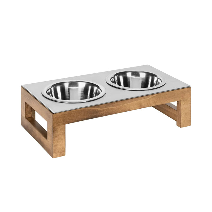small -maple wood dogbowlstand with stainless top and stainless rattle free bowls