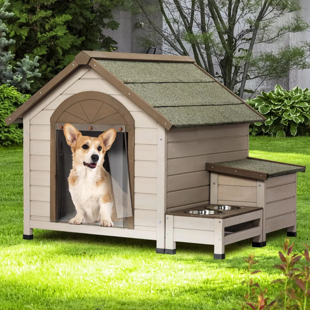 dog house with feeding station bowls and food storage.
