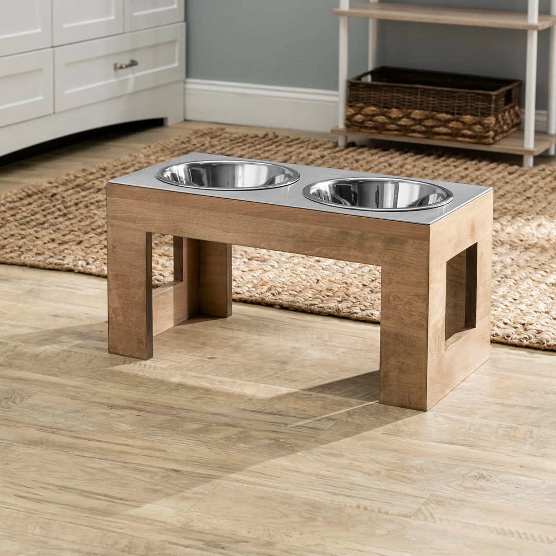 large-maple wood dogbowlstand with stainless top and stainless rattle free bowls