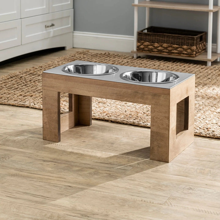 large-maple wood dogbowlstand with stainless top and stainless rattle free bowls