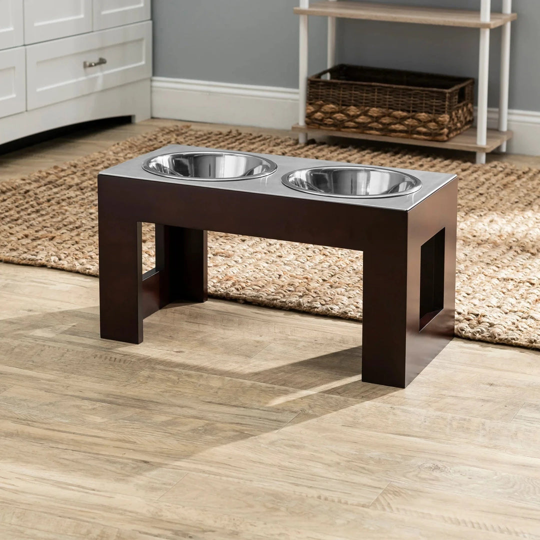 Walnut doog feeding station with designer stainless steel top
