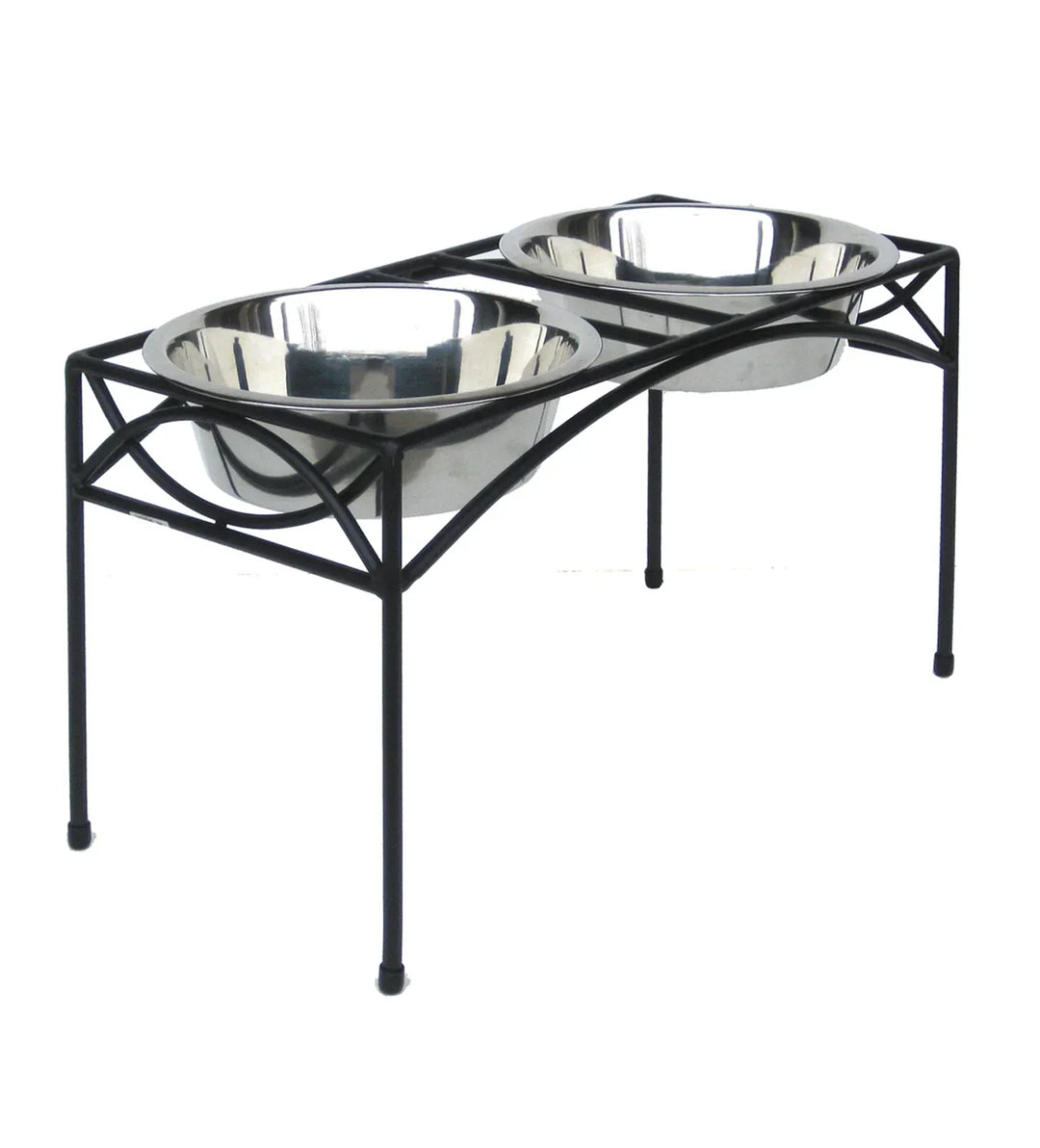 Stainless steel pet bowls on a black metal stand against a white background