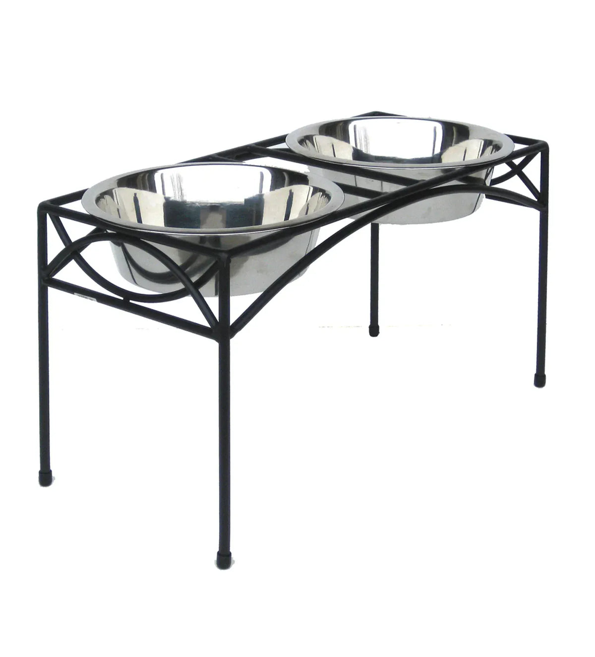 Stainless steel pet bowls on a black metal stand 