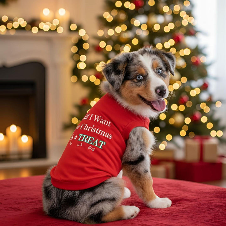 A small dog wearing a red Christmas shirt in front of a lit Christmas tree and fireplace. The shirt has white and green text that reads, &