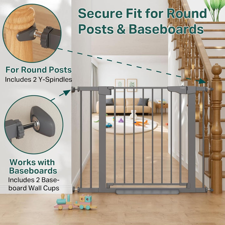 Gray metal indoor doorway dog gate 