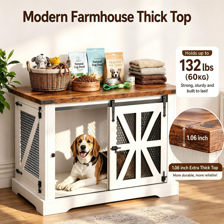 A white and brown wood furniture dog crate with a thick natural wood finish top 