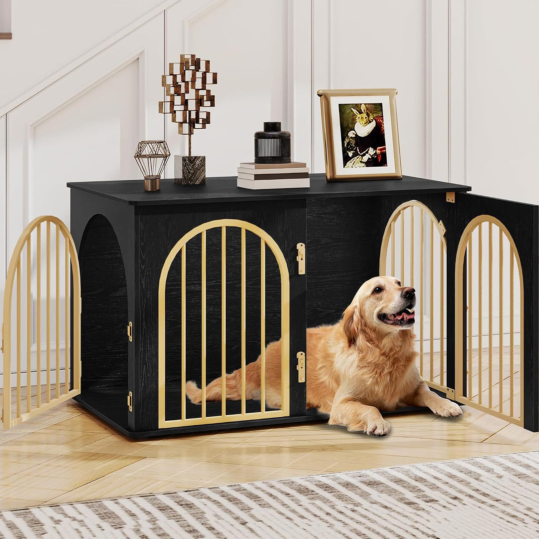black indoor furniture dog kennel with arched doors and gold hardware