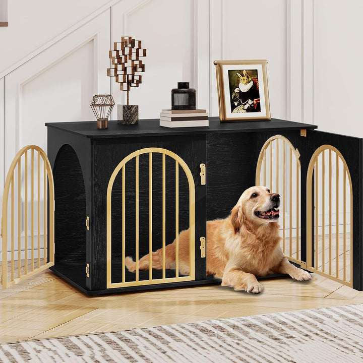 black indoor furniture dog kennel with arched doors and gold hardware