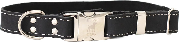 A black leather dog collar with white contrast stitching and a polished silver-tone metal buckle engraved with &