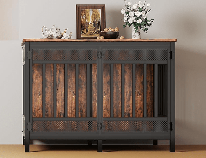 black frame wood top decorative metal dog crate