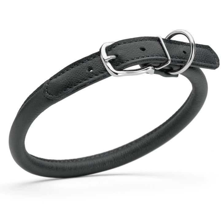 black rounded leather dog collar with no stretch design