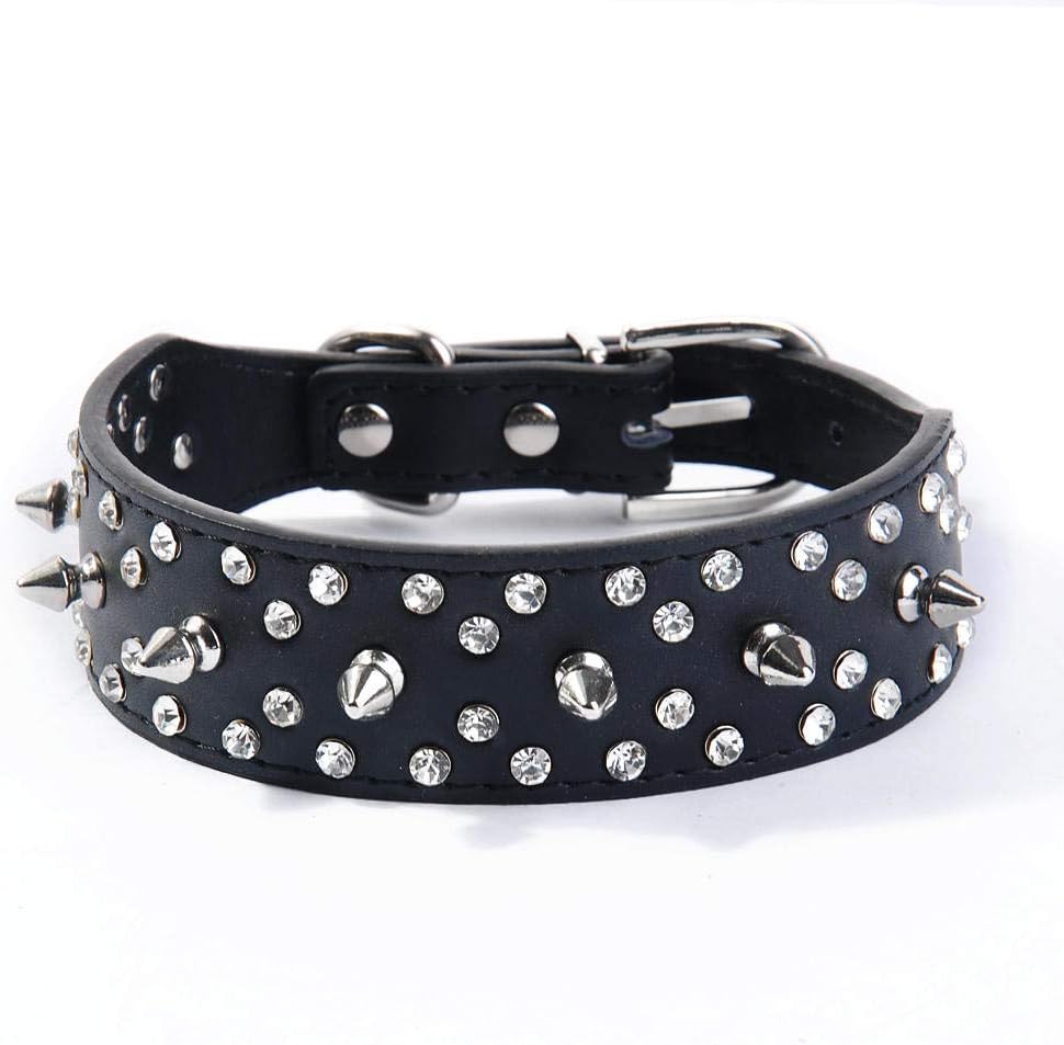 rhinestone- spike dog collar  black- faux leather