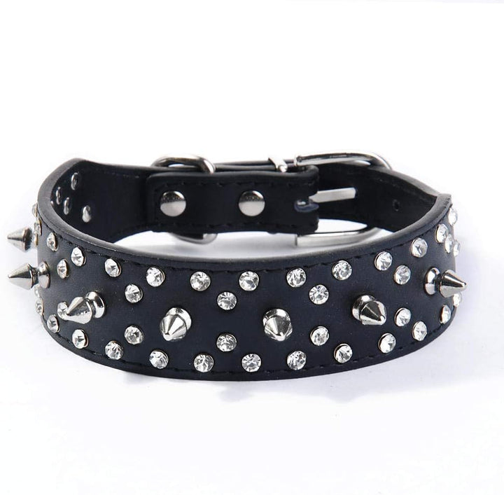 rhinestone- spike dog collar  black- faux leather