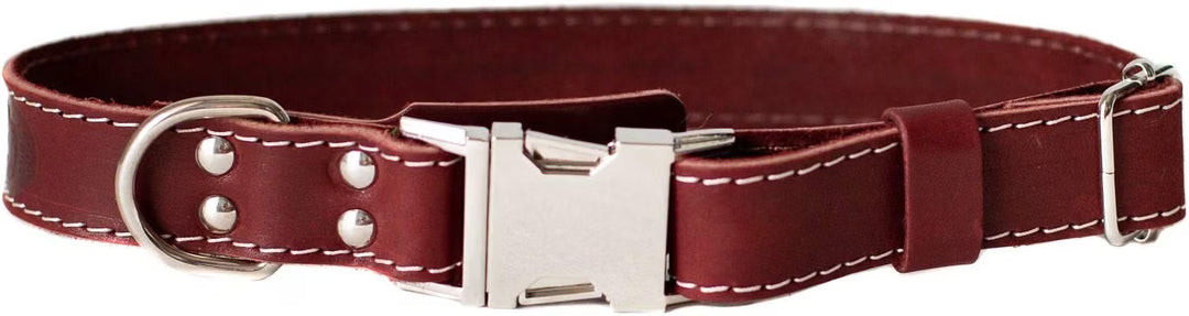 A dark red leather dog collar with white stitching, a silver metal quick-release buckle, and silver hardware rings, 