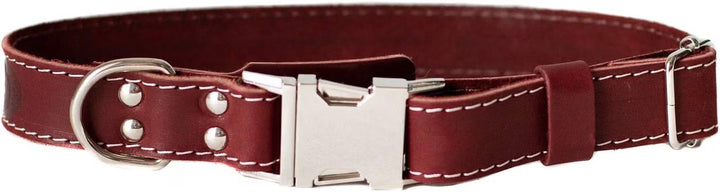 A dark red leather dog collar with white stitching, a silver metal quick-release buckle, and silver hardware rings, 